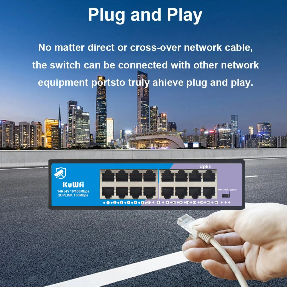 KuWFi POE Switch 16 Port 100Mbps Ethernet Smart Switch 14 POE+2 Uplink With Internal Power Office Home Network Hub for IP Camera