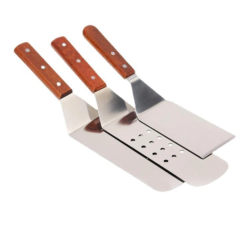 3Pcs/Set Stainless Steel Metal Scraper Hamburger Shovel Kitchen Dining Bakeware Tools Wood Handle Steak Pizza Flat Shovel Peels