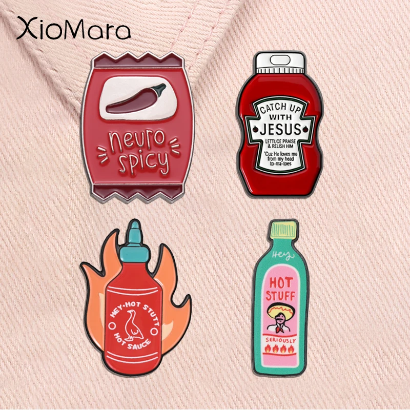 Hot Stuff Sauce Flaschen-Emaille-Pins: Würziger Hahn, Sriracha-Flamme, Würzige Speisen, Lustige Slang-Broschen, Anstecknadeln, Party-Schmuckgeschenk
