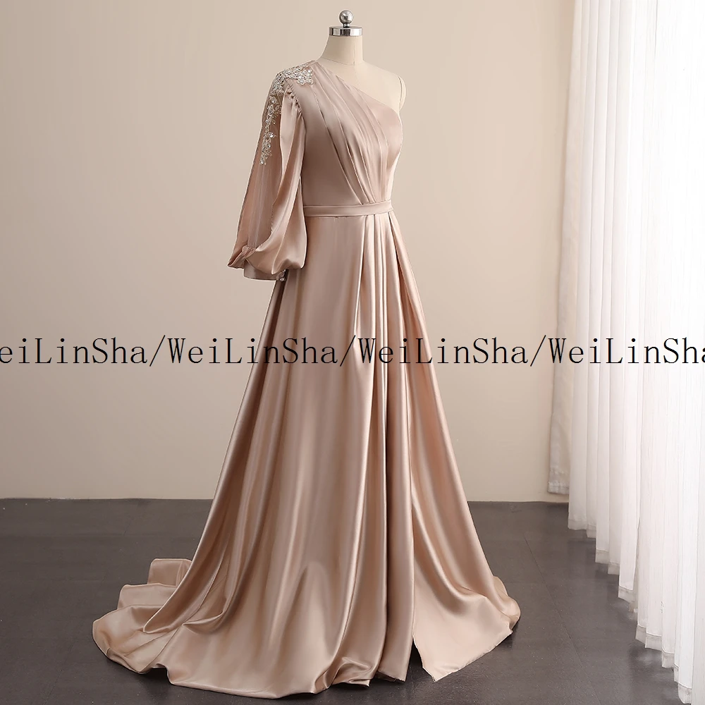 

Welinsha One Shoulder Brown Evening Dresses for Ladies Front Side Satin Pleat Prom Gowns Full Sleeve Real Picturte Vestidos De