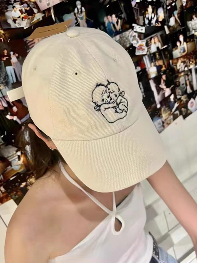 Vintage Angel Embroidery Baseball Cap Women Four Season Beige Cotton Sunscreen Hat Femme Harajuku Casual Cute Graphic Hats 2023