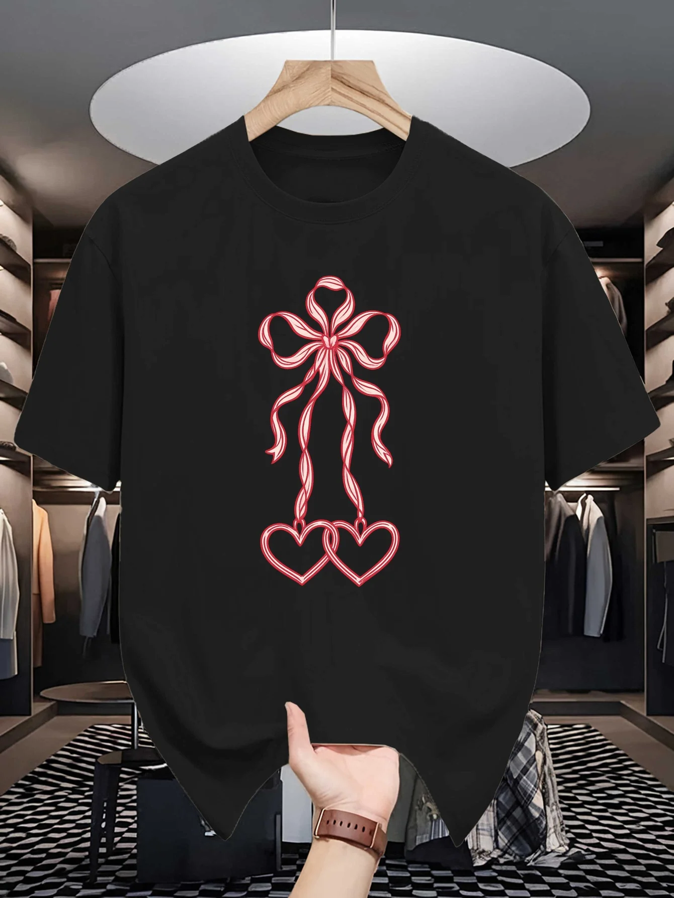 Mens Crew Neck T Shirt Blue Bow Ribbon Interlocking Hearts Graphic Short Sleeve Casual Cotton Romantic Streetwear Tees