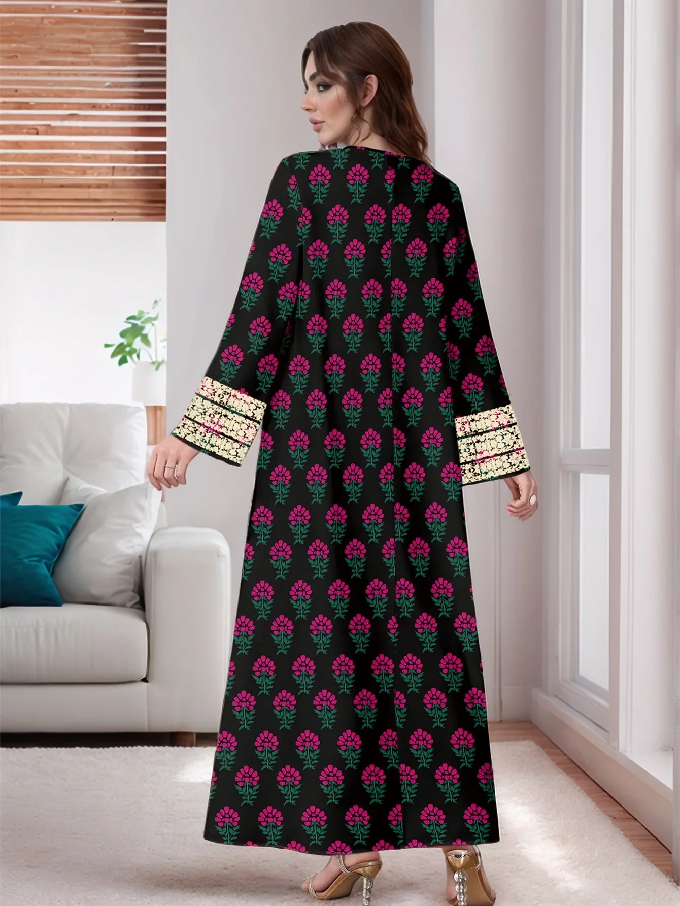 Eid vestido de festa para mulheres muçulmano abaya manga longa jalabiya impressão flor ramadan vestidos longos vestidos largos árabe longo robe