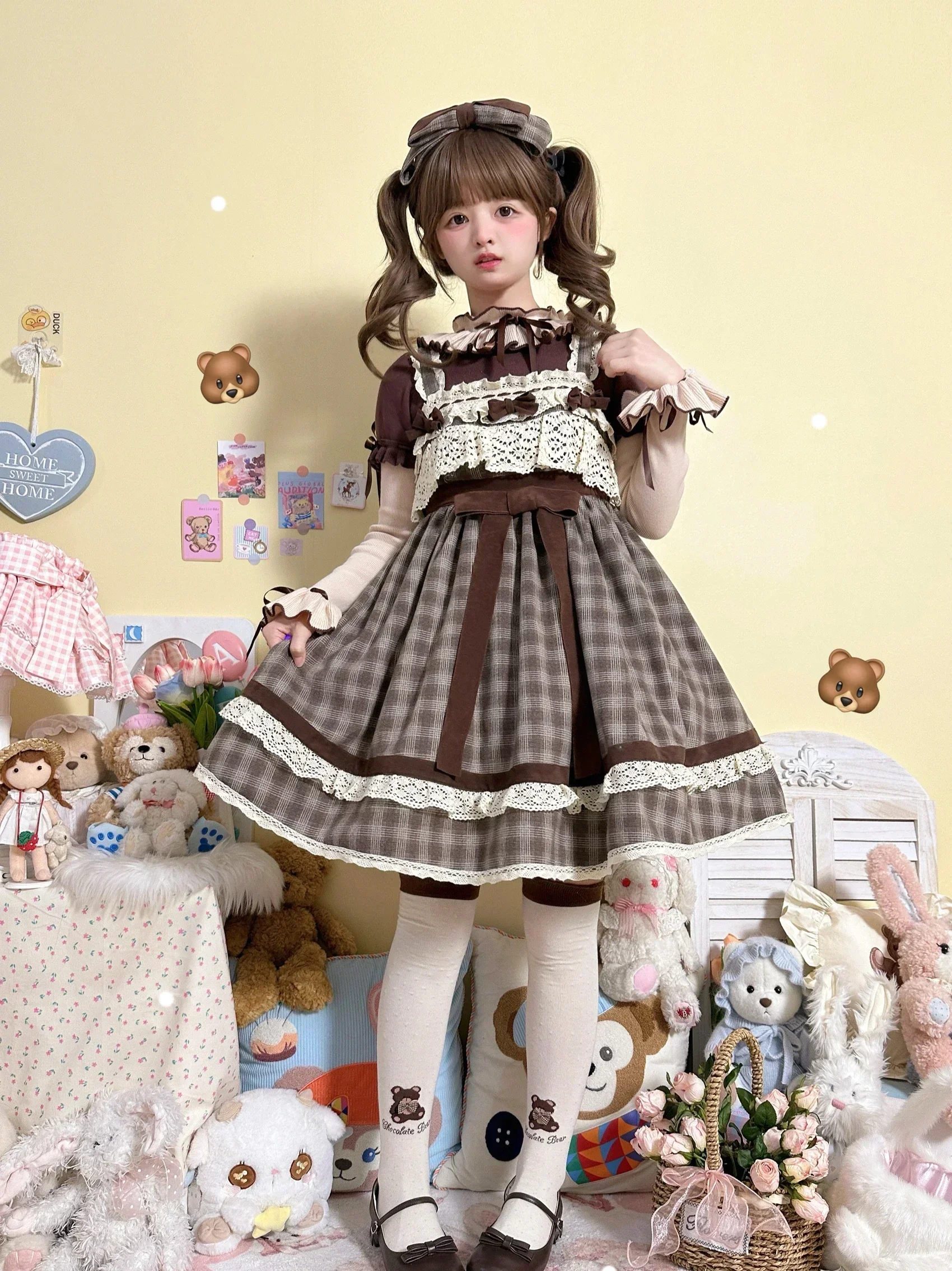 Frech Style Elegant Retro Lolita JSK Dress Brown Plaid Lace Stitching Bow High Waist Slim Fit A-Line Dress Women\'s Autumn 2024