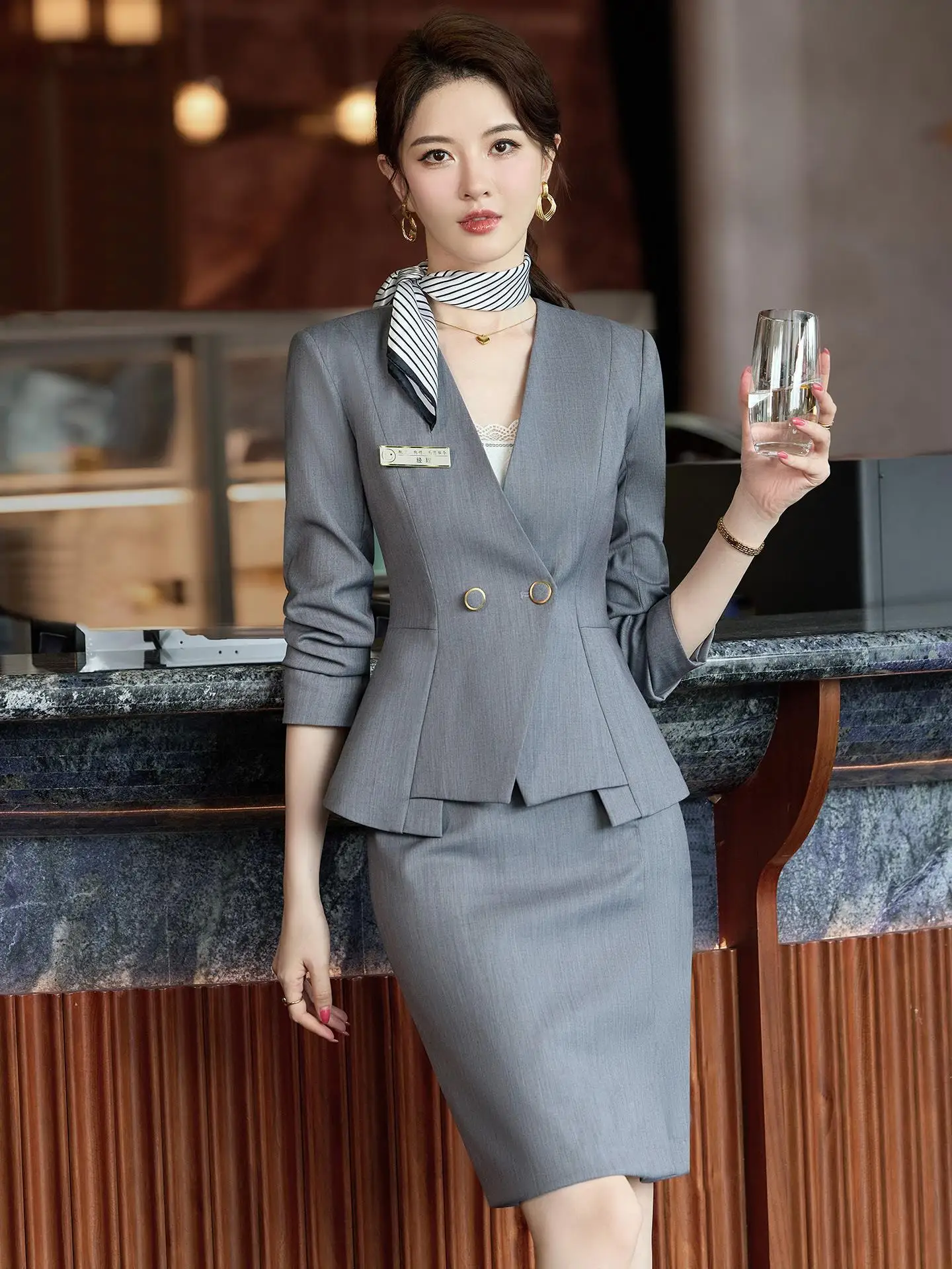 Gray Professional Women's Suit Set for Front Desk Reception Workwear High End Hotel Conference Jewelry Store Beauty Salon
