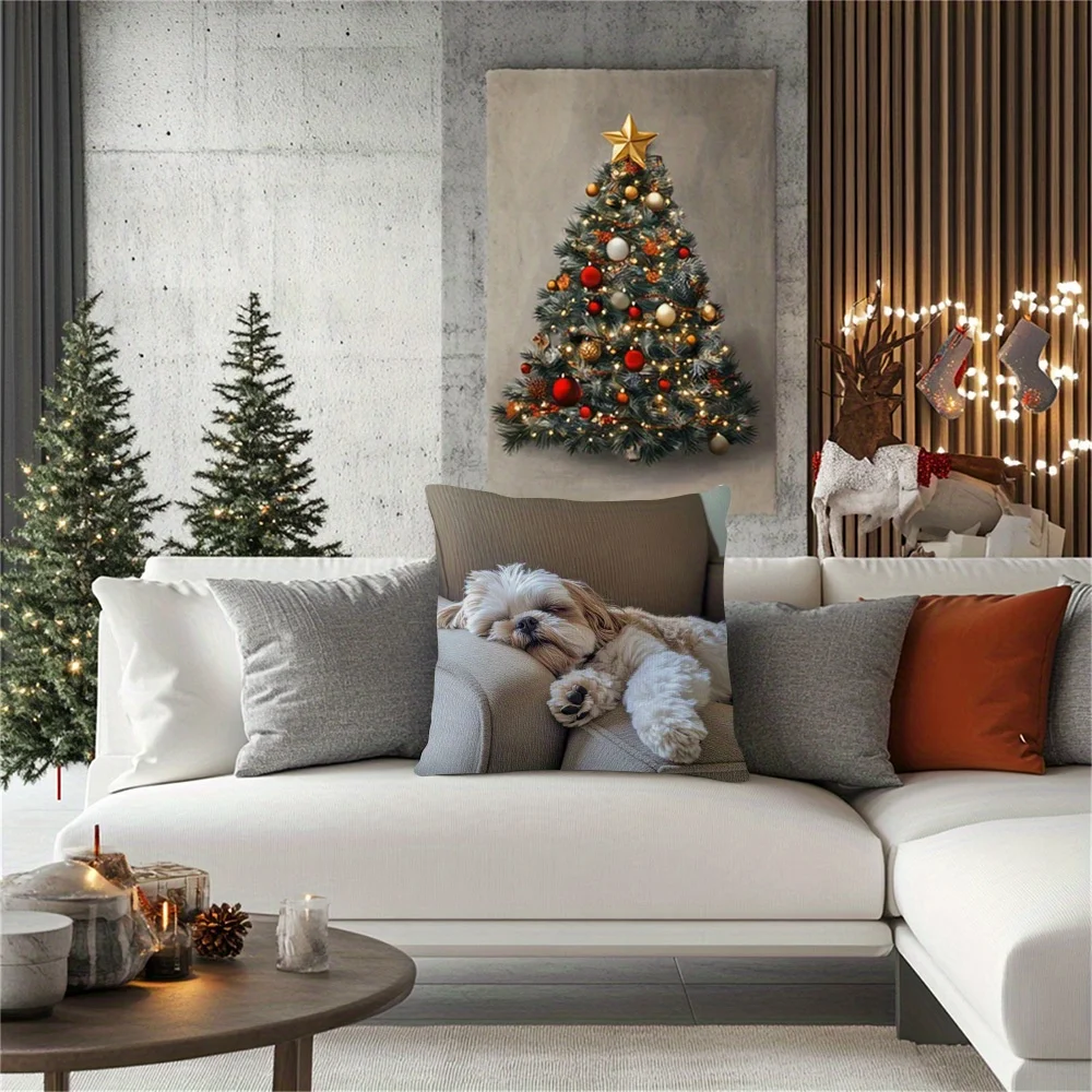 Shih Tzu Plush Pillow Cover 45x45cm Adorable Sleeping Dog Pillowcase Polyester Zipper Closure Thanksgiving & Christmas Gifts
