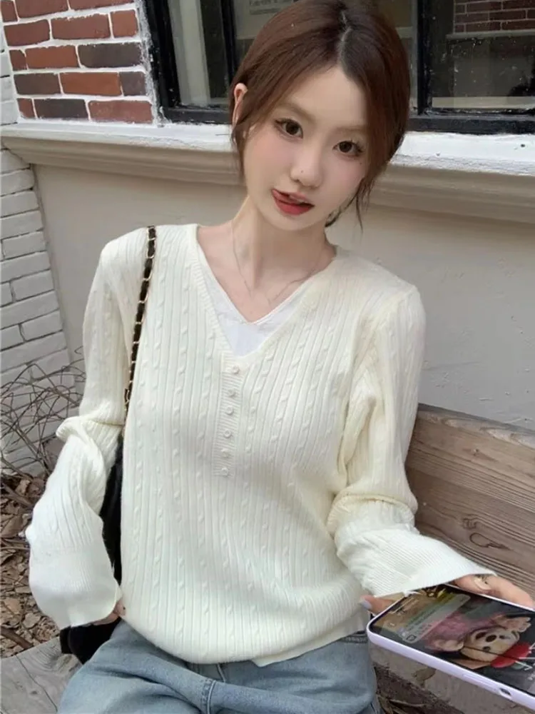 Fashion Simple Pullovers Fake Two Piece V Neck Long Sleeve Solid Color Sweaters Loose All Match Knit Tops Autumn Women Clothing