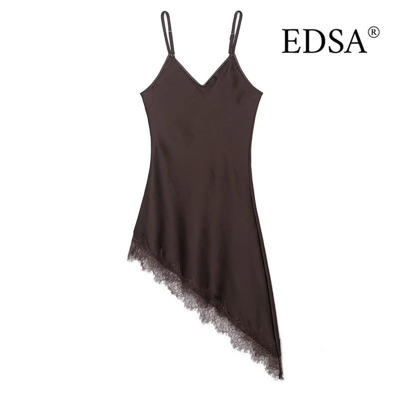 EDSA Minivestido asimétrico de encaje satinado para mujer con tirantes finos ajustables con cuello en V Vestidos cortos sin mangas de verano
