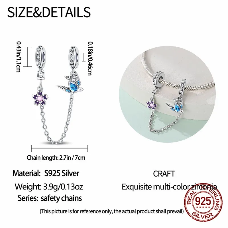 925 Sterling Silver Safety Chain Pendant Bead Inlaid with Zircon Paired with an Original Bracelet DIY Womens Jewelry Gift