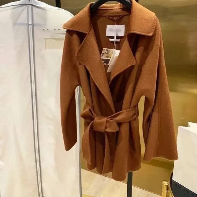 European and American new women's suit collar lace-up short double-sided cashmere jacket water ripple woolen short coat