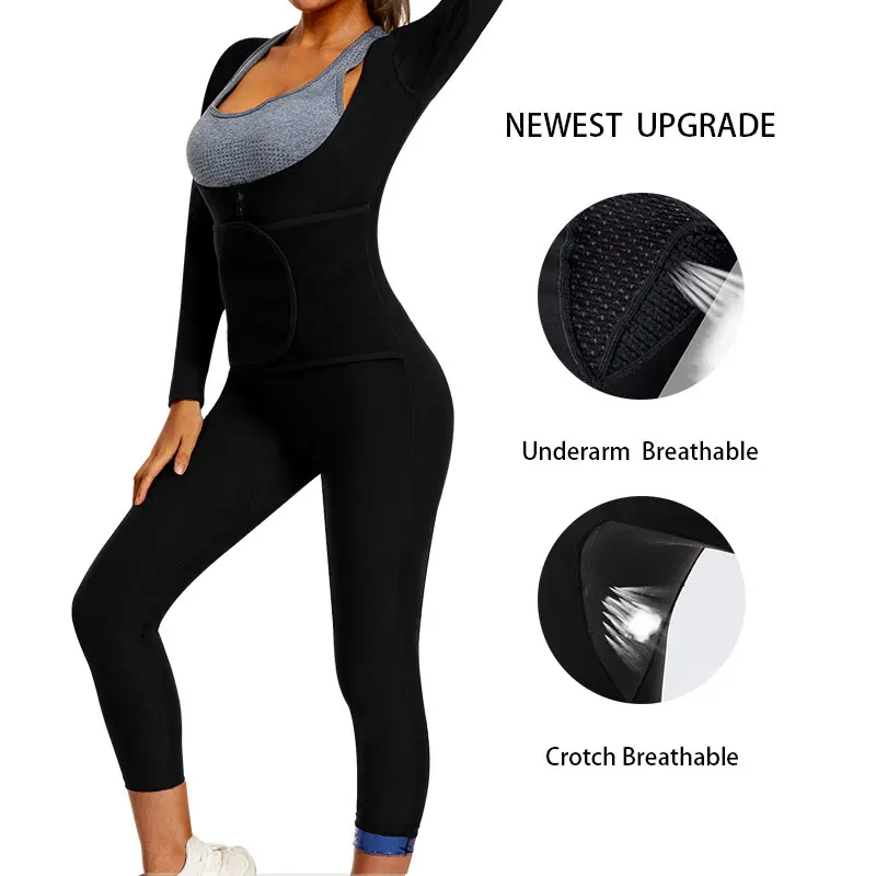 Women\'s Long Sleeved Pants Jumpsuit 6 In 1 Sauna Sweat Shirt Full Body Waist Trainer Weight Loss Workout Body Sauna Bodysuit