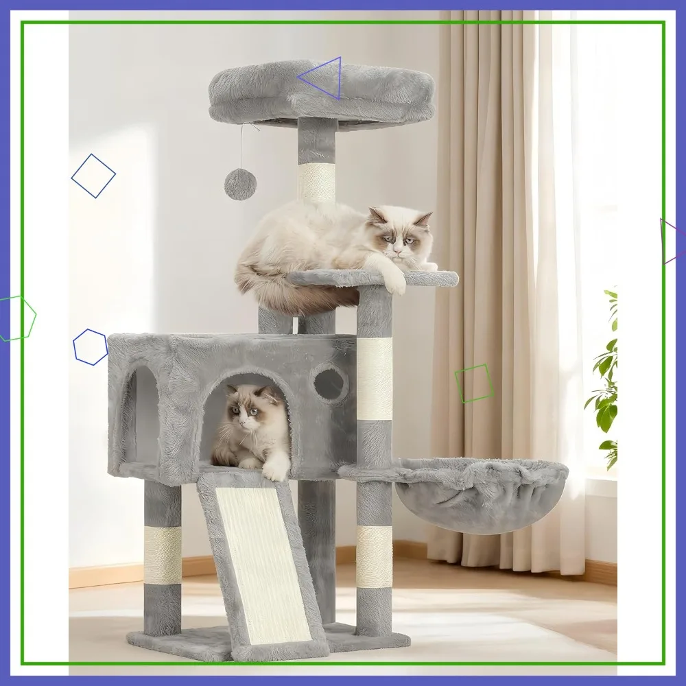 

Кошачья лежанка-башня 41,3 дюйма для котят, с когтеточкой, многоуровневым уютным домиком, 2 площадками для отдыха, гамаком и шариками, светло-серая