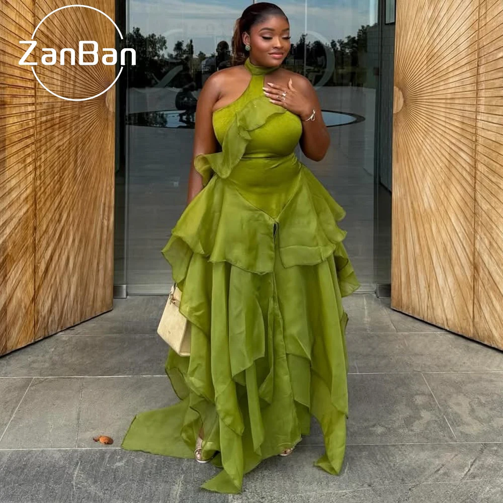 ZanBan Modern 2026 Green Halter A-Line Prom Dress Sleeveless Modest Pleat Tiered Evening Gowns Customized فساتين سهر