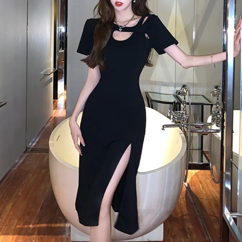 Summer Short-sleeved Black Slim Dress Women Hollow Open Fork Waist Retraction Sexy Medium-length Dress Irthday Party Club Dress