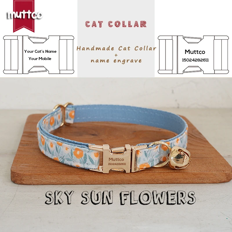 MUTTCO Retail Engraved Beautiful Flower Pattern Design Handmade SKY SUN FLOWERS collar Unique Design Cat collar 2 size UCC153