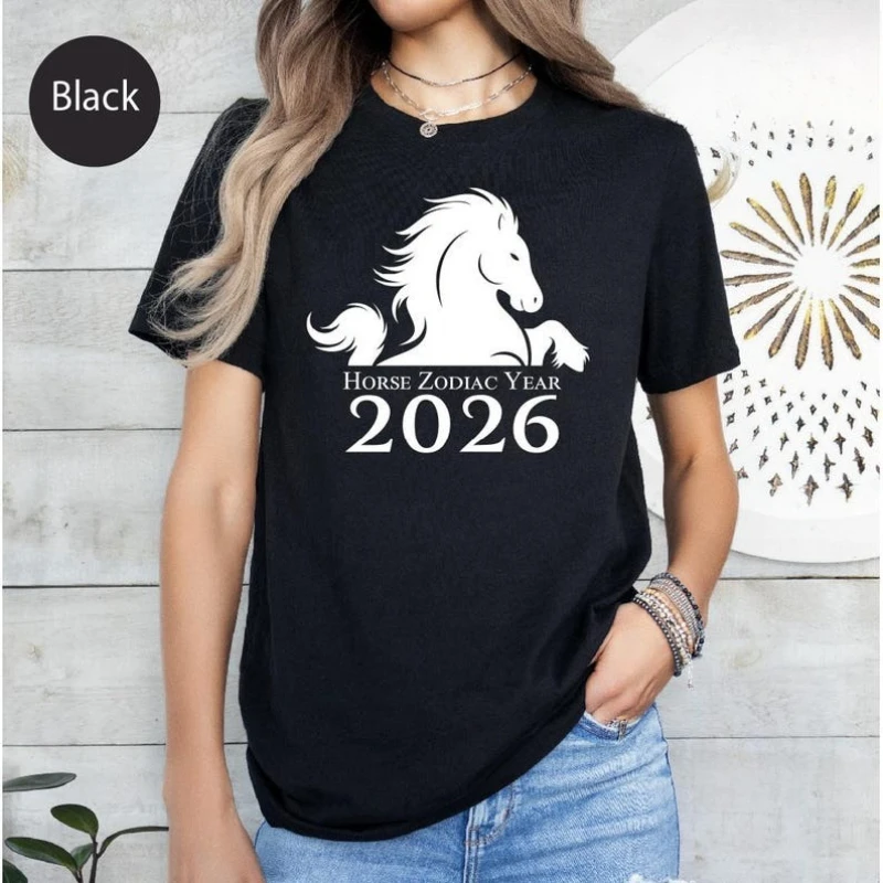 Year of The Horse 2026 T-Shirt Chinese New Year Unisex Tee Fashion Casual All-match Printed T-shirt Tops Crewneck Short-sleev