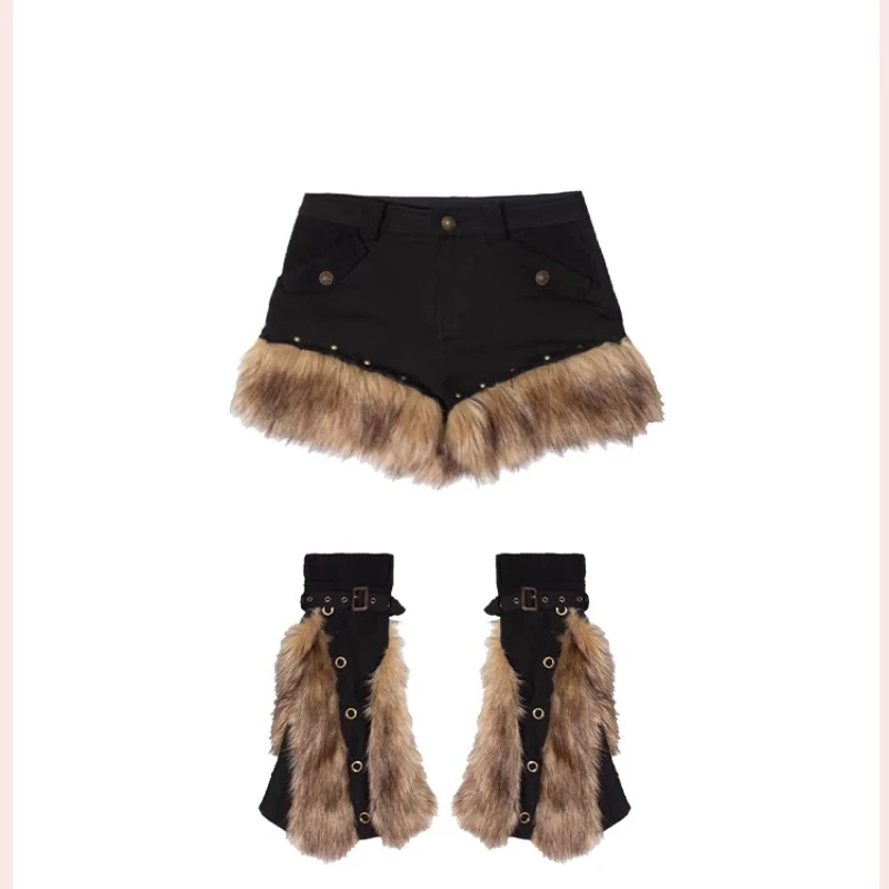 Otoño Invierno nuevo negro chica caliente empalme de felpa artesanía pesada medio pantalones de mujer Punk gótico dulce fresco pantalones cortos versátiles señoras