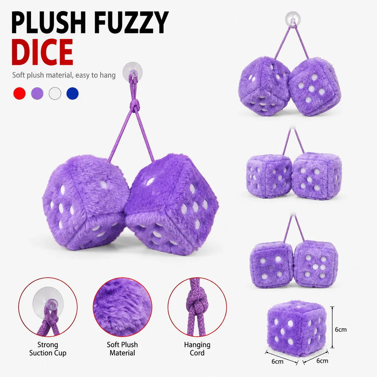 PINMOAP 1Pair Plush Fuzzy Dice Hanging Charm Stuffed Dice Ornament for Car Rear View Mirror Vehicle Interior Decor Accessories