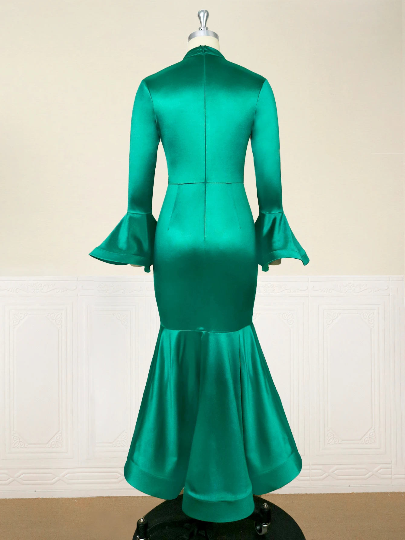 Green Satin Dresses V Neck Cut Out Long Flare Sleeve Boydcon Irregular Ruffles Mermaid Evening Cocktail Party Outfits for Women