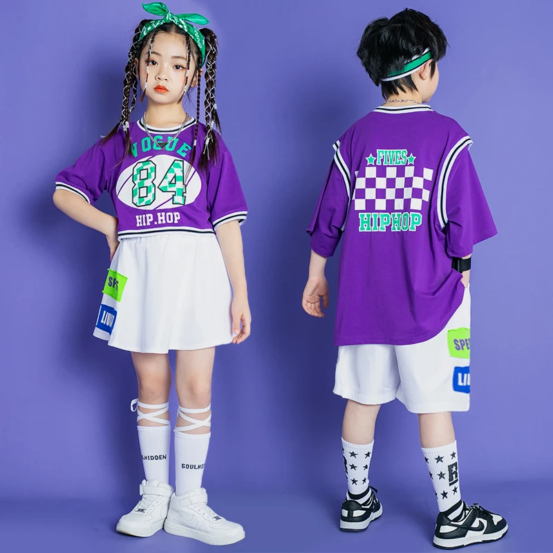 

Kids Teenage Hip Hop Purple T Shirt Tops Casual Summer Shorts Skirt Mini for Girl Boy Jazz Dance Costume Set Outfits Clothes