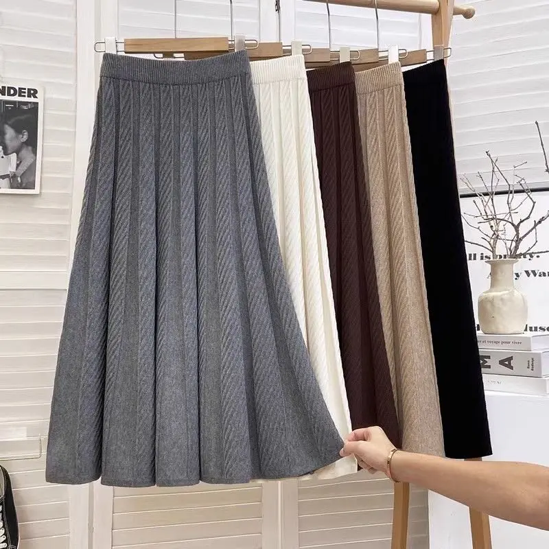 Autumn Winter Thickened Knitted Pleated Midi Skirts For Women Korean Fashion Mid-length Elastic Waist A-line Skirt