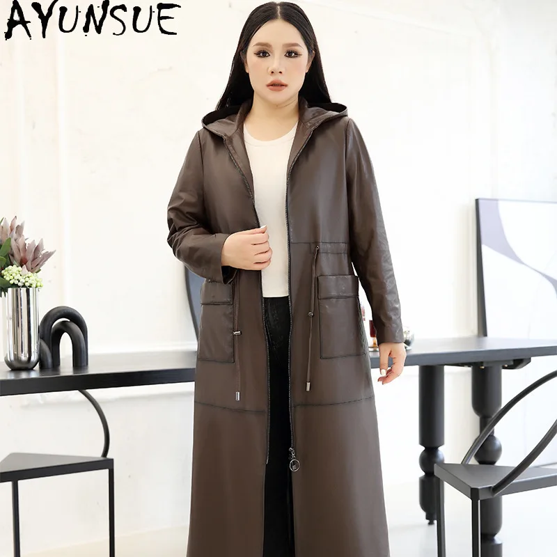 AYUNSUE 진짜 양피 정품 가죽 자켓 여성 2025 여성을위한 긴 트렌치 코트 빈티지 코트 가을 옷 Jaqueta Couro