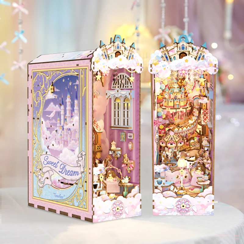 Sweet Dream DIY Book Nook Insert Kits Wooden Doll House Building Kit Bookend With LED Lights Bookshelf Home Decoration Gift