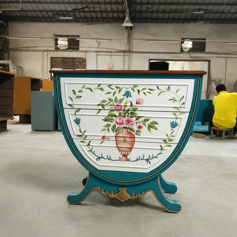 French Retro Hand Painted Three Tier Bucket Cabinet Foyer Entrance Storage Unit Ingot Style Living Room Blue Organizer