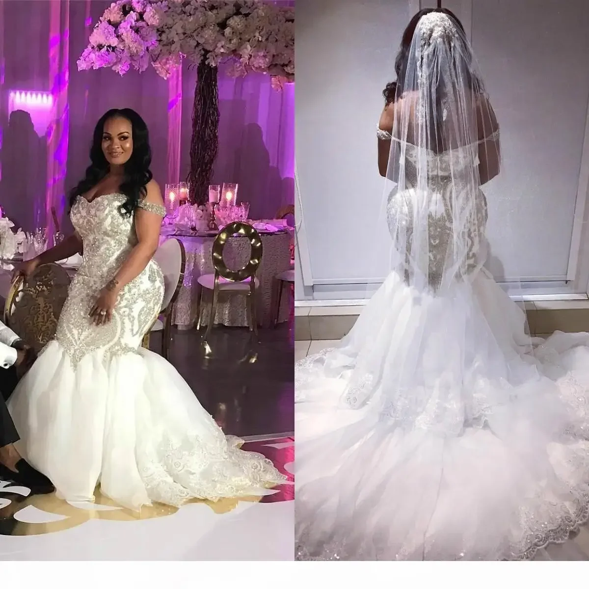 

Customized African Nigeria Mermaid Wedding Dresses Plus Size Off The Shoulder Bling Elegant Beaded Crystal Fishtail Bride