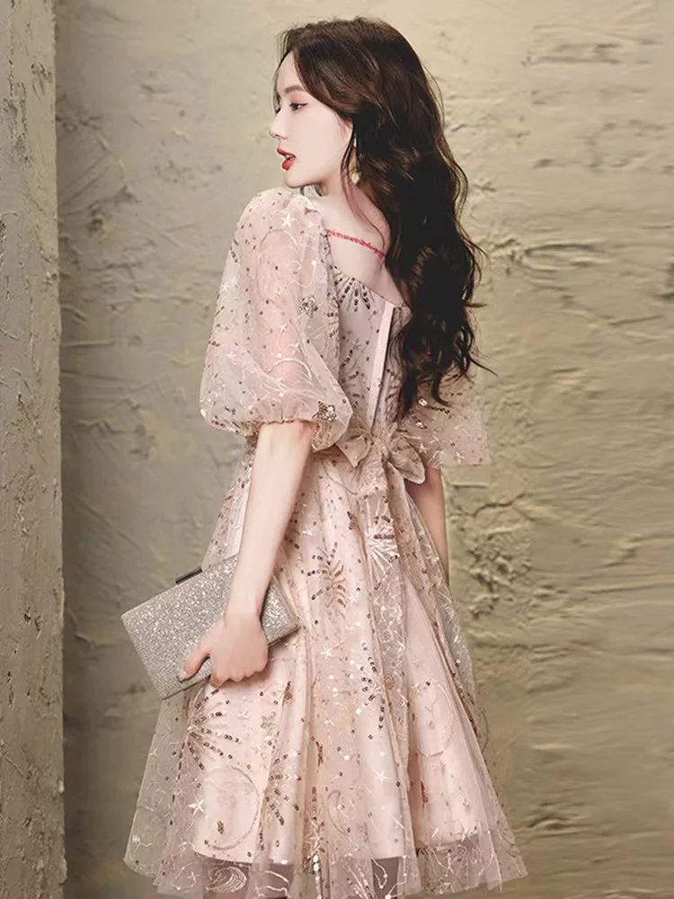 

High Quality Champagne Sequin Mesh Mid-Length Prom Dress A-Line Magnificent Tulle Ruffles Glitter Jewel Neck Party Evening Gowns