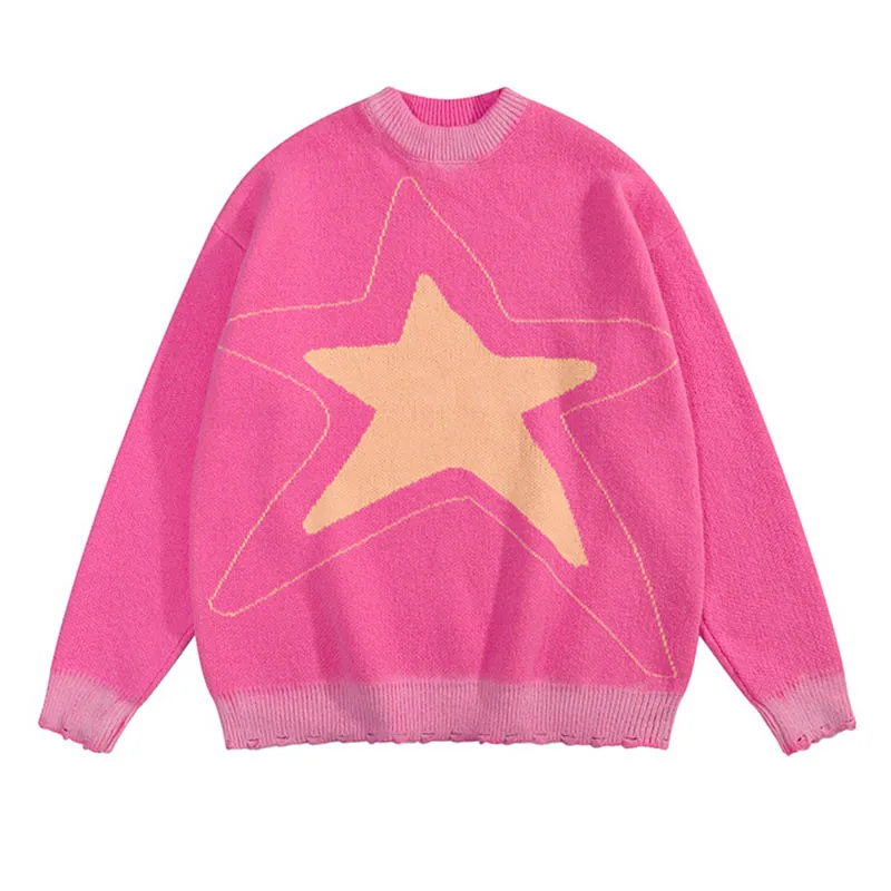 Harakuju-suéter con patrón de estrellas para hombre, Jersey informal rasgado de punto de Hip Hop, Tops