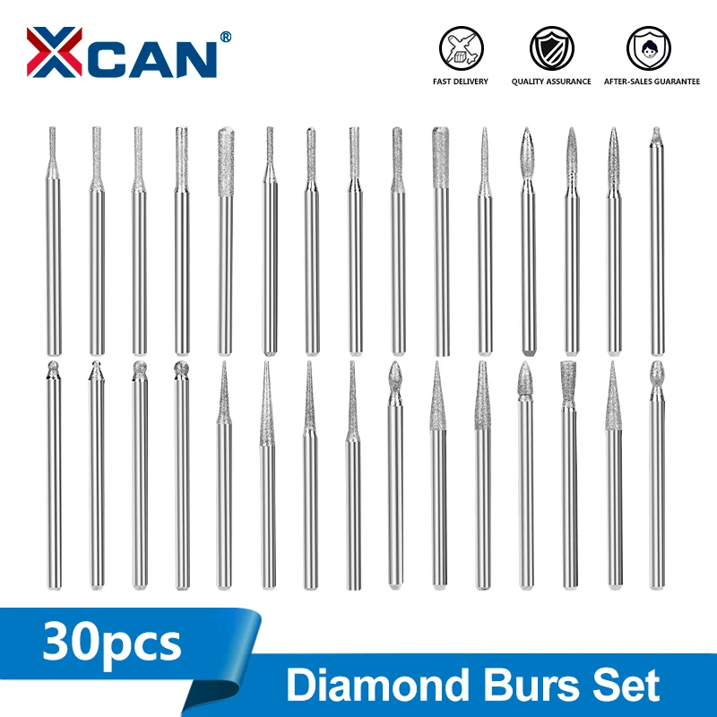 XCAN 20/30pcs Diamond Grinding Burr Set 3mm Shank Needle Point Engraving Carving Polishing Drill Bits for Dremel Rotary Tool