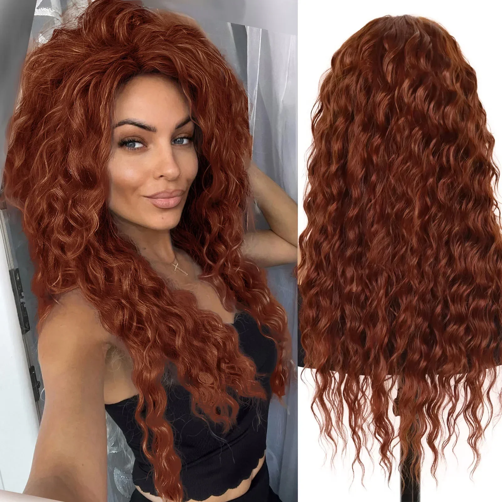 

Reddish Brown Curly Synthetic Wigs for Women 28 Inch Long Hair Natural Hairline Heat Resistant Cosplay Lolita Wig Drag Queen
