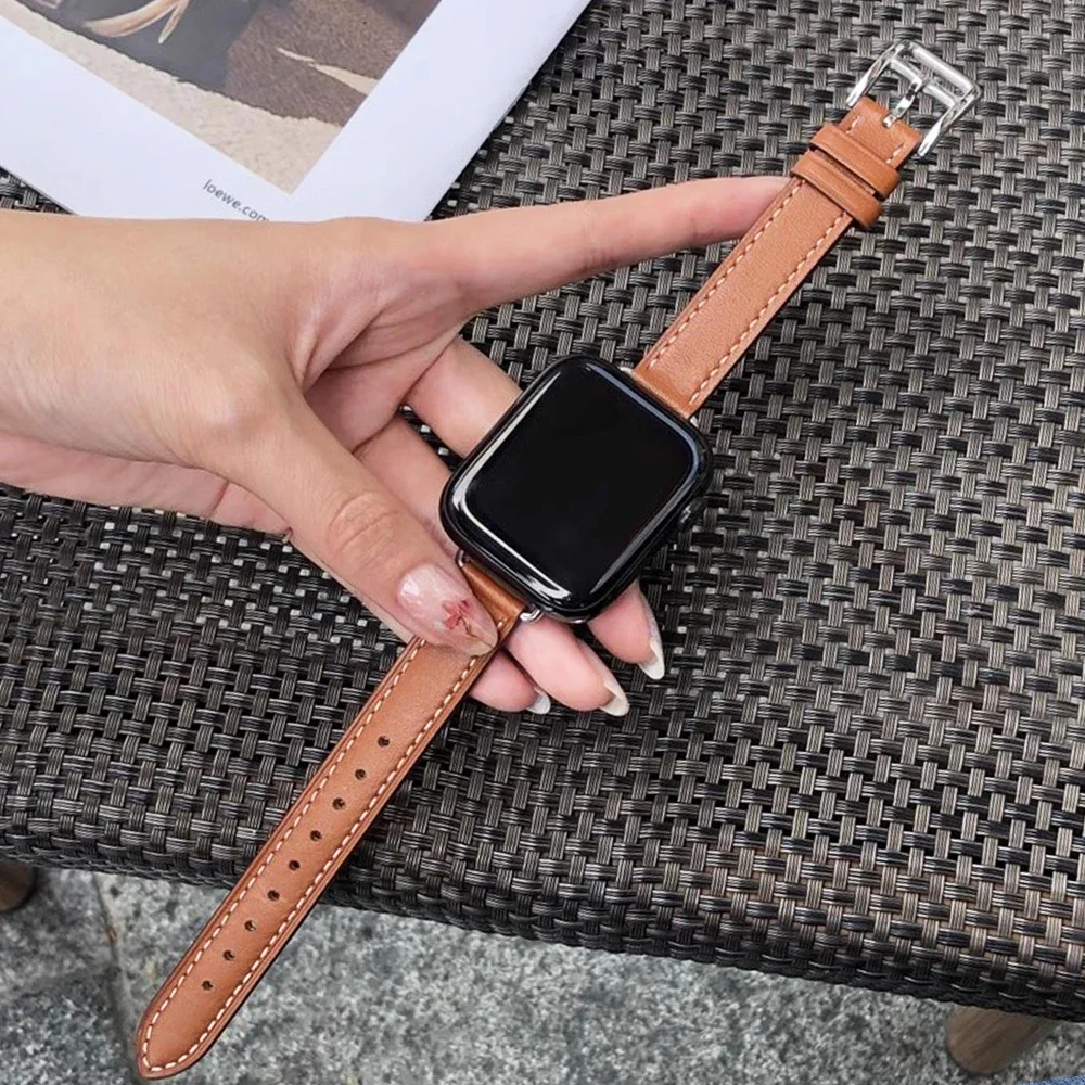 

Leather Slim Band for Apple Watch Series 10 9 8 7 6 5 se Ultra 2 49mm Women Bracelet Strap for iWatch 10 42 46mm 45 41mm 40 44mm