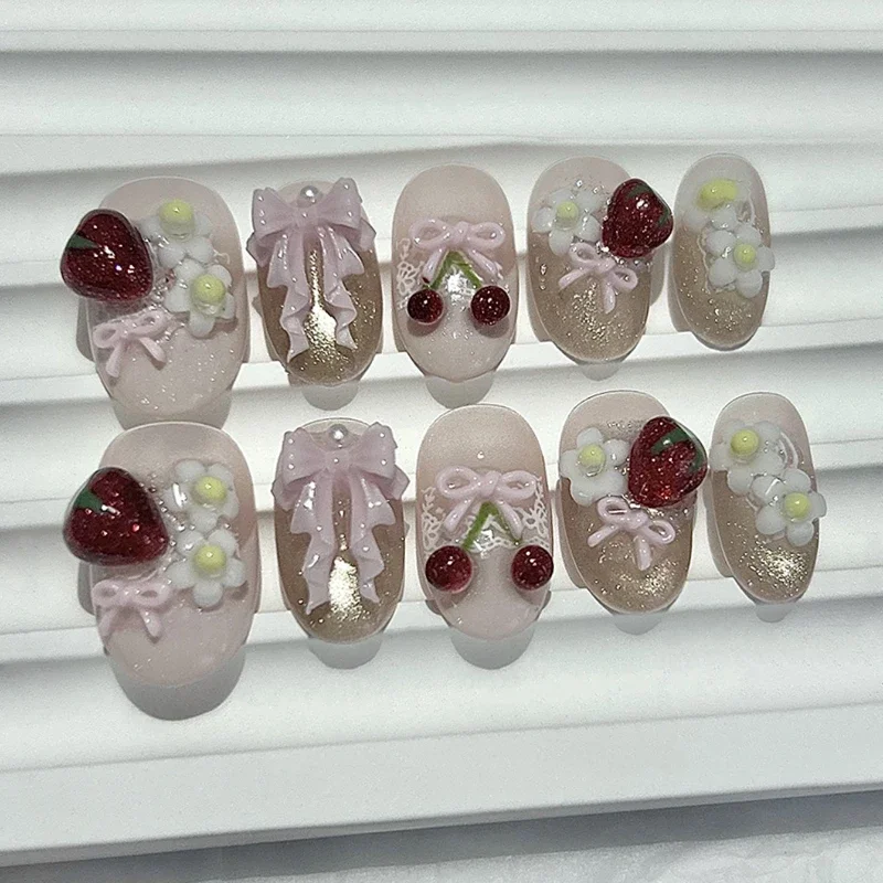 

10Pcs Summer Cute Bow Short Almond Handmade Press On Nails 3D Flower Cherry Strawberry Cat Eye Fake Nails Removable Reusable