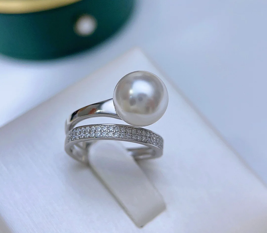 

Double ring ring ring AAAA9-10mm natural South Sea round pearl ring 925s/adjustable ring mouth