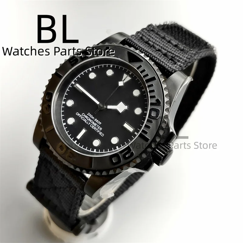 BLIGER 40mm Diving Watch For Man NH35 Automatic Full Black Matte Bezel With Sapphire Glass Black Dial Luminous Nylon VelcroStrap