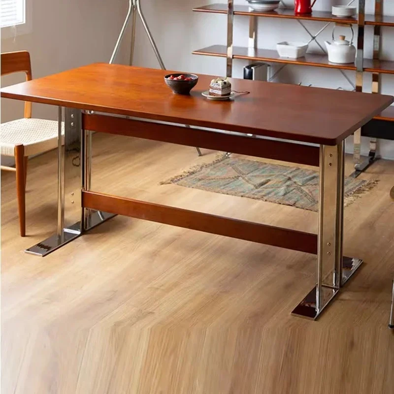 Nordic cherry wood solid wood dining table household stainless steel rectangular desk