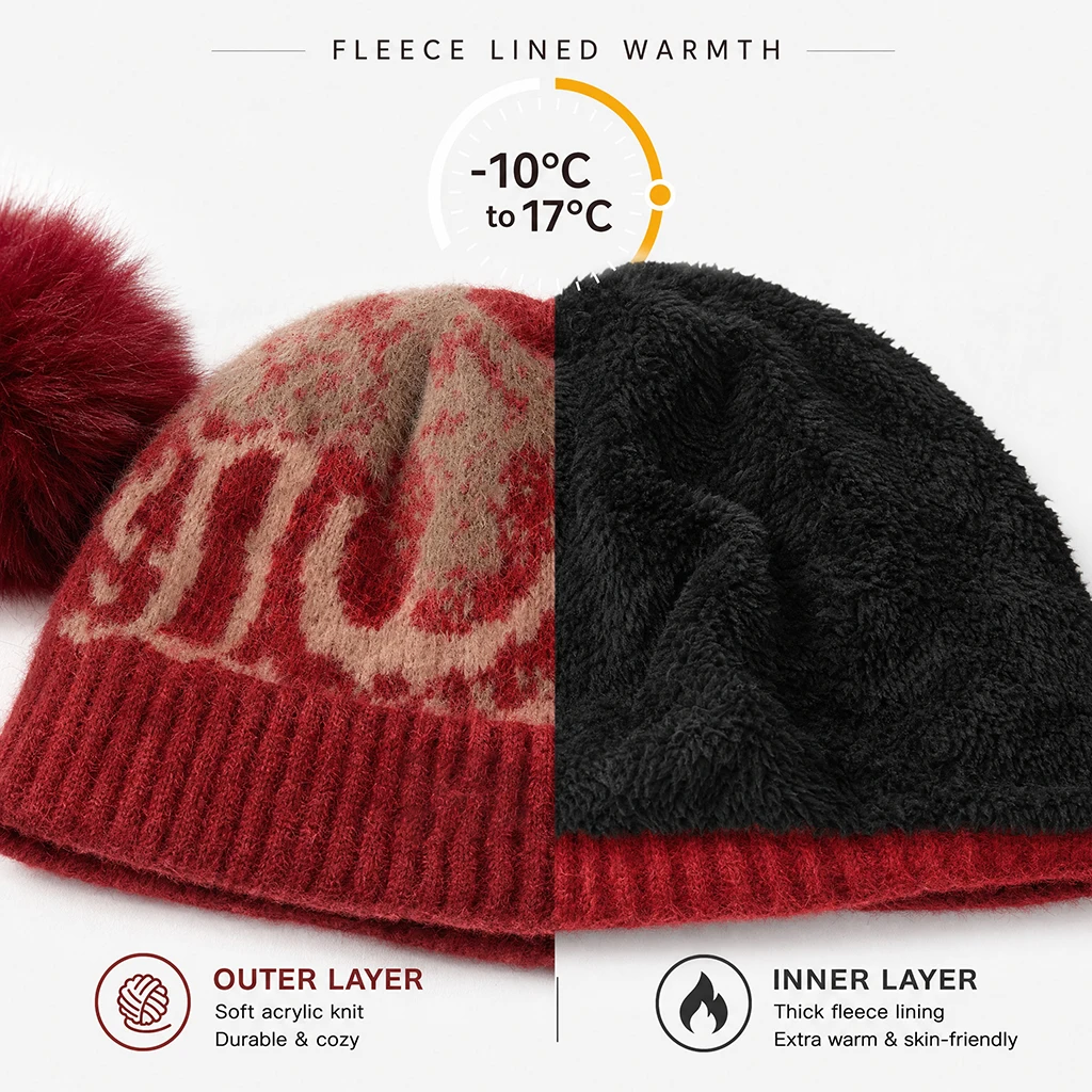 Women Men Jacquard Knitted Winter Hat Scarf Gloves Set Thick Thermal Touch Screen Gloves Neck Scarf Pom Pom Beanie Set for Ski