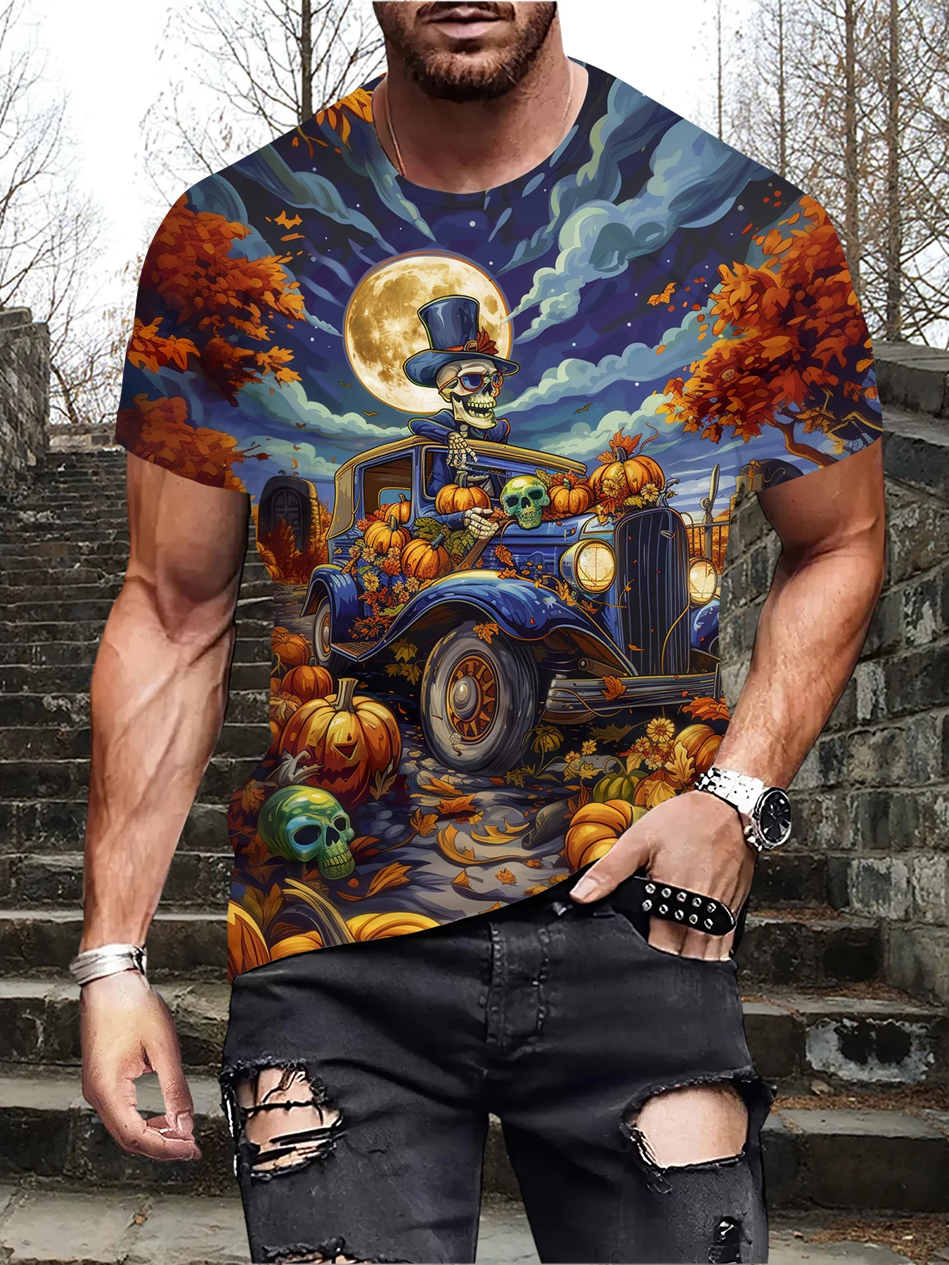 Halloween Theme Skeleton In The Car And Pumpkin Print Crew Neck Short Sleeve Tee, Men's Fashion Top For Summer Casual Sport Wear