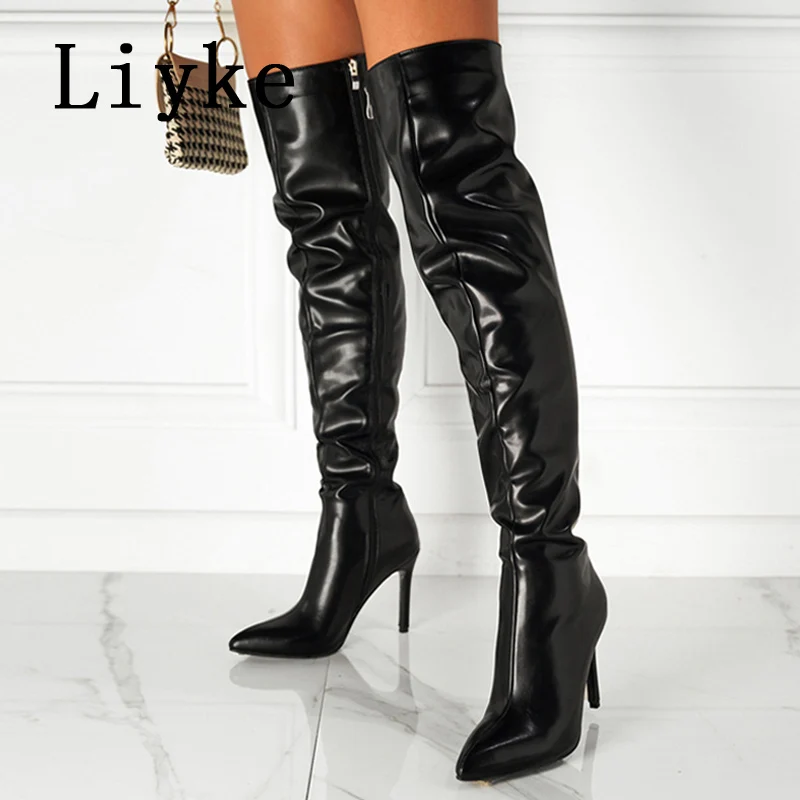 Liyke Sexy Motorcycle Red Leather Thigh High Over The Knee Boots Women Stiletto Heels Pointed Toe Zip Ladies Long Booties Shoes