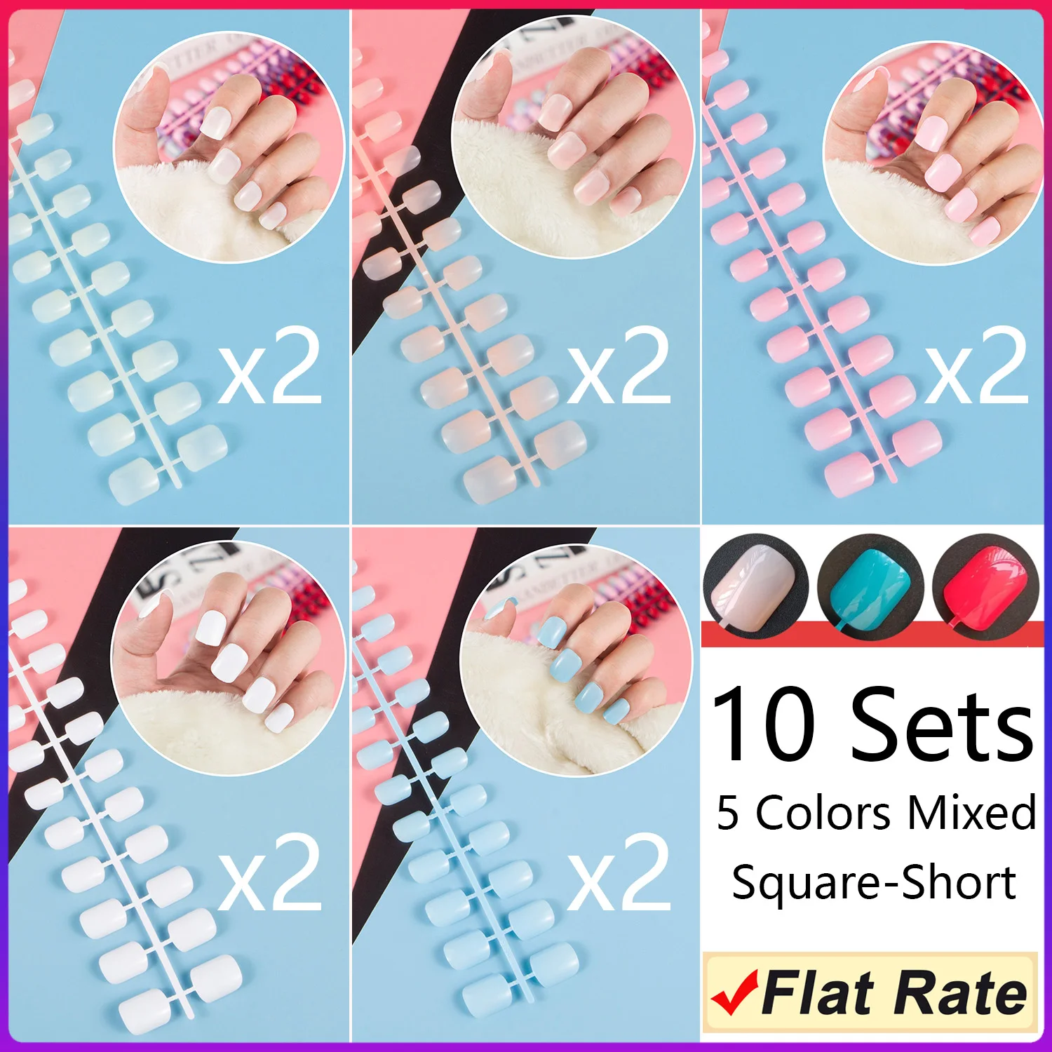 

5 Colors Mixed 10 Sets Short Square False Nail Tips Full Cover Fake Nail Art DIY Manicure Kits Solid Colors Nail Tips