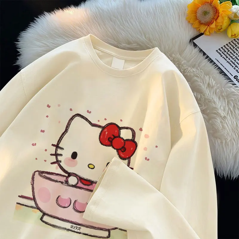 

Футболка с рисунком «Hello Kitty», детская осенняя новая хлопковая детская одежда с длинными рукавами, универсальный свободный топ Sanrio с героями мультфильмов