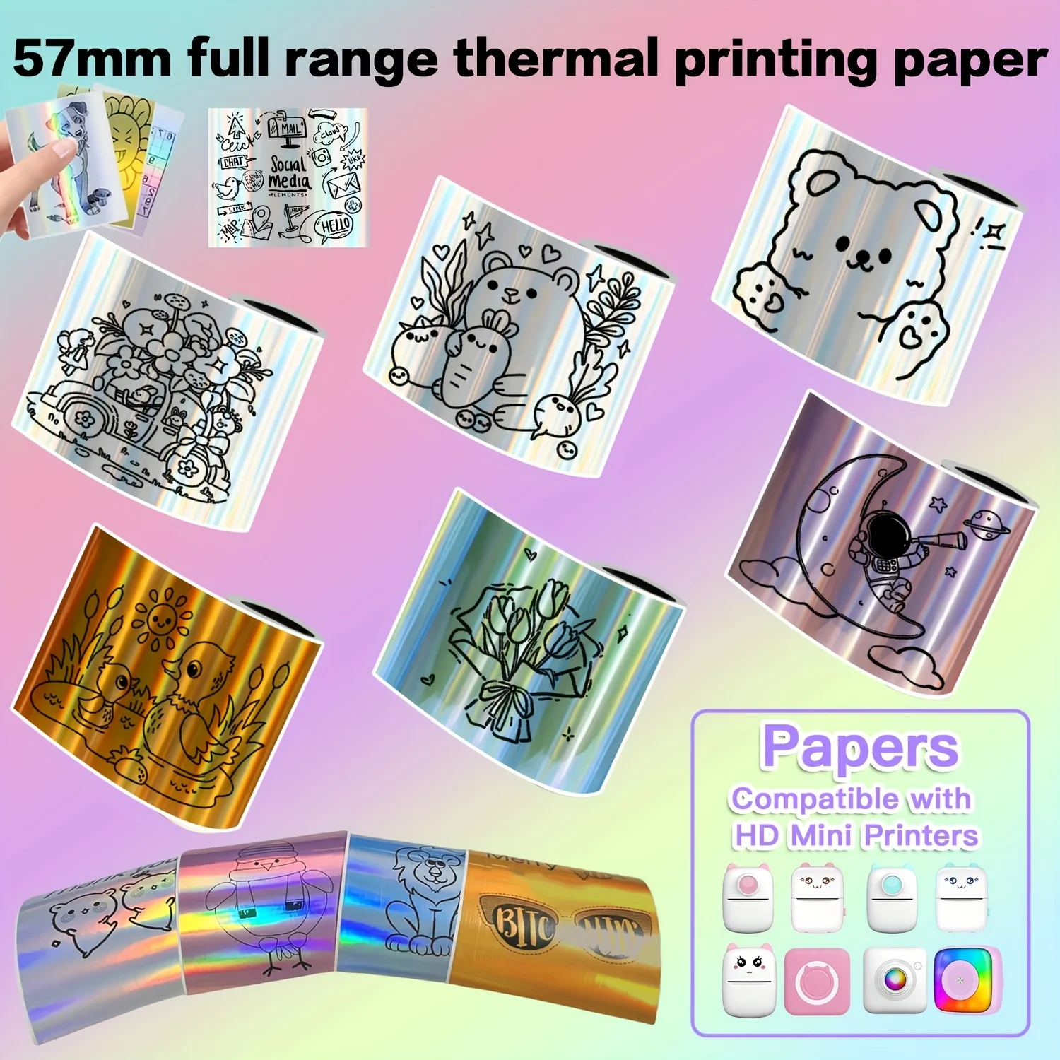 Rouleau de papier thermique holographique de 57 mm/2,25 pouces, impression sans encre, adapté aux badges POS/ID/di journaux/code QR/étiquettes autocollantes/récepteurs