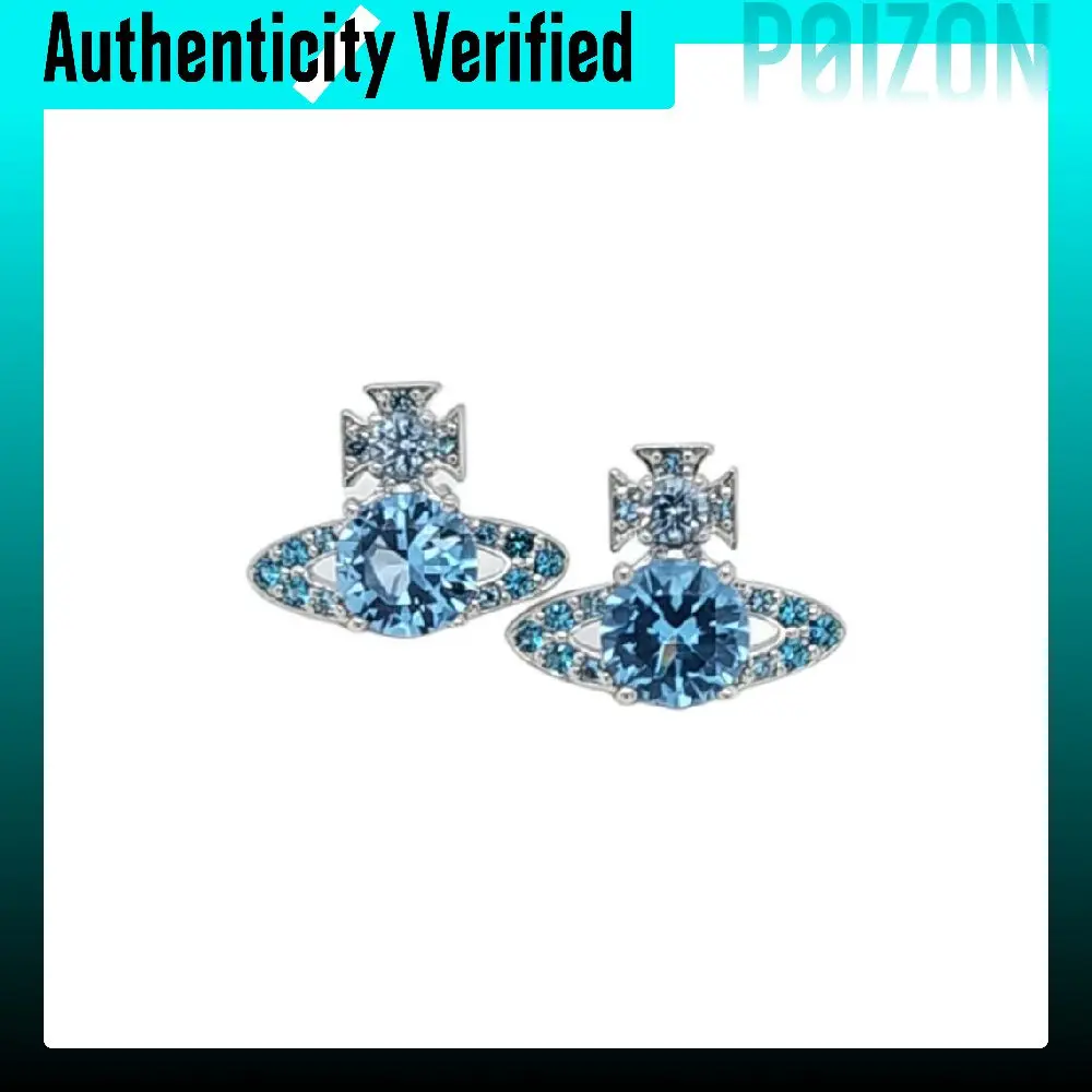 Vivienne Westwood Brass Crystal Light Blue Saturn Shaped Stud Earrings Unisex Silver/Blue 6201034M-02P426