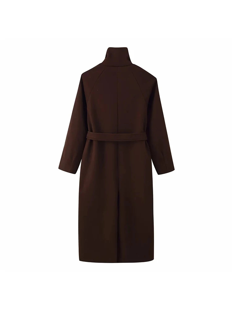 المرأة الرجعية الصلبة الوقوف طوق معطف طويل تويد المرأة أزياء واحدة الصدر معاطف مع حزام سيدة شيك الشارع أبلى #4