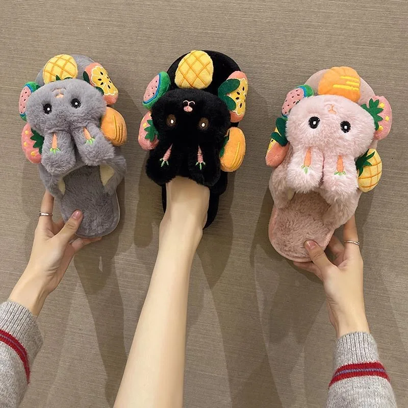 Cute little white rabbit cotton slippers for women in winter, suitable for outdoor wear, at home, indoor, anti slip cartoon