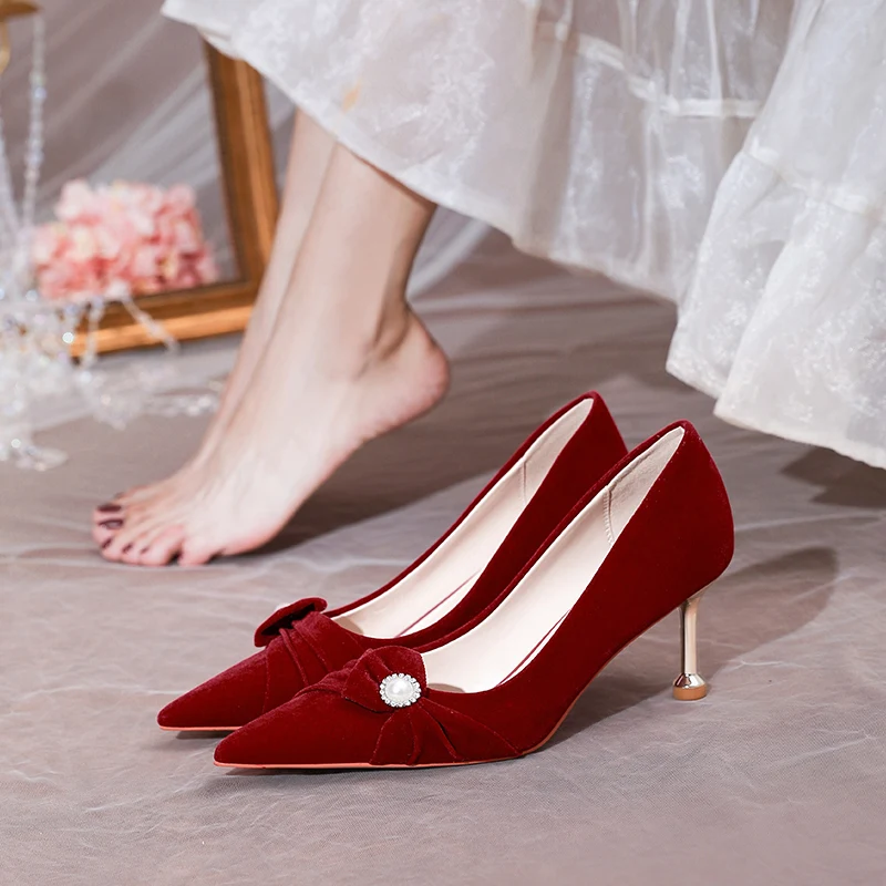 

Wedding Shoes China Retro Style Bride Dress Pumps Wine Red Suede High Heel Female 2022 New Stiletto Elegant Toasted Single Shoes