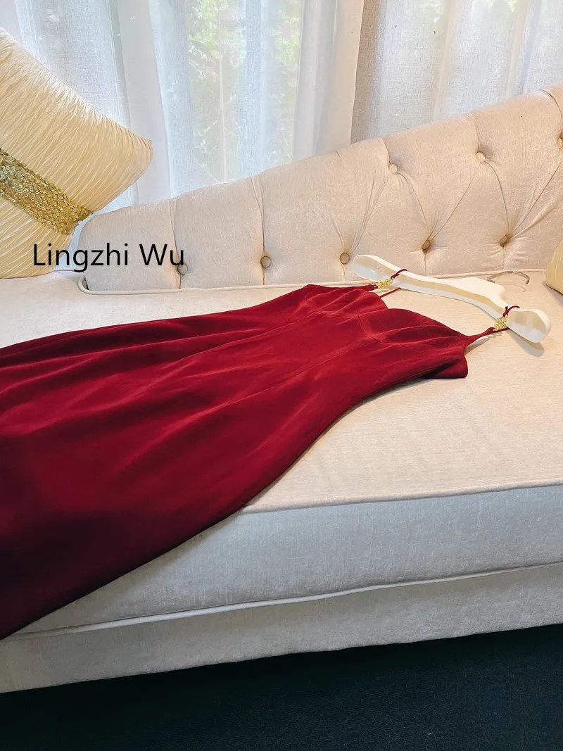 

Lingzhi Wu French Elegant Top Quality Ladies Formal Dress Vintage Wine Red Slim Spaghetti Strap Long Dresses Holiday