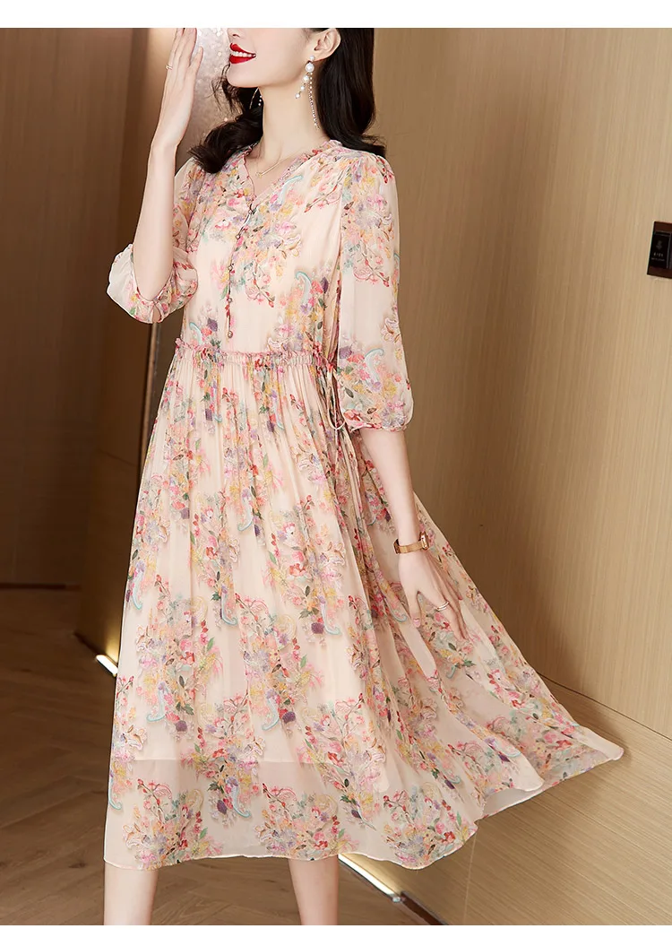 2024 Summer Luxury Silk Floral Casual Beach Midi Dress Women's Vintage Elegant Evening Prom Spring Holiday Boho Hepburn Vestidos